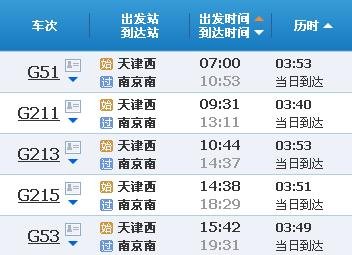 天津西到南京高铁的时刻表