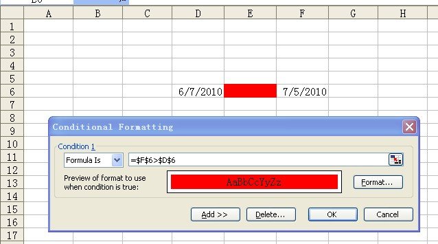 EXCEL表，条件格式，关于完成时限（D1)和完成时间(F1)