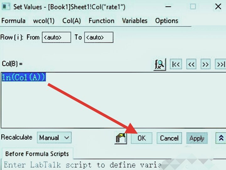 origin7.5怎么改变ln（）函数的值？