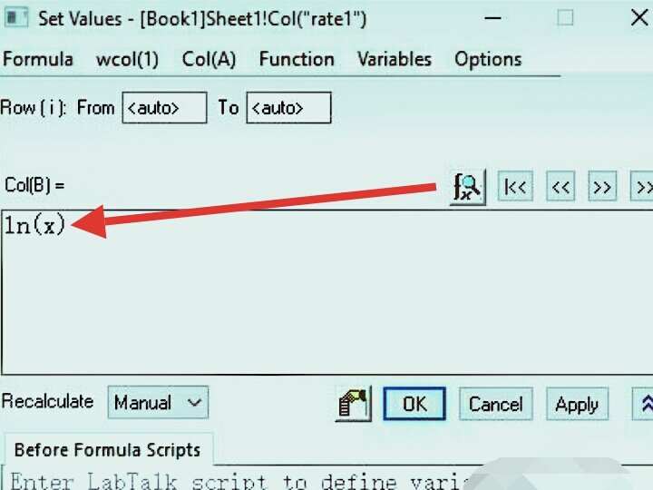 origin7.5怎么改变ln（）函数的值？