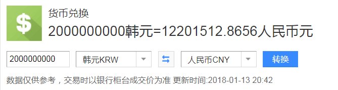 20亿韩元等于多少RMB