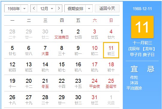 1988年阴历阳历对照表