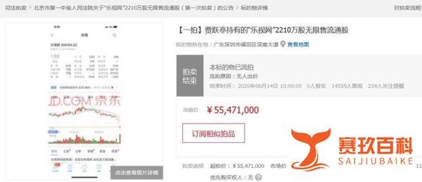 贾跃亭所持乐视网股权拍卖无人出价，已流拍