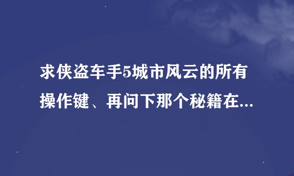 求侠盗车手5城市风云的所有操作键、再问下那个秘籍在哪里输？速度 急要。谢谢