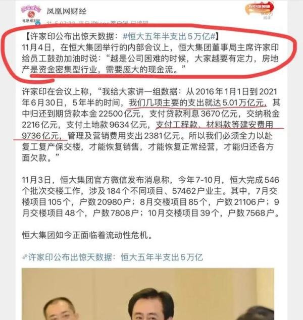 许老板公布惊天数据：恒大从2016年1月1日到2021年6月30日，五年半时间，支出5万亿！