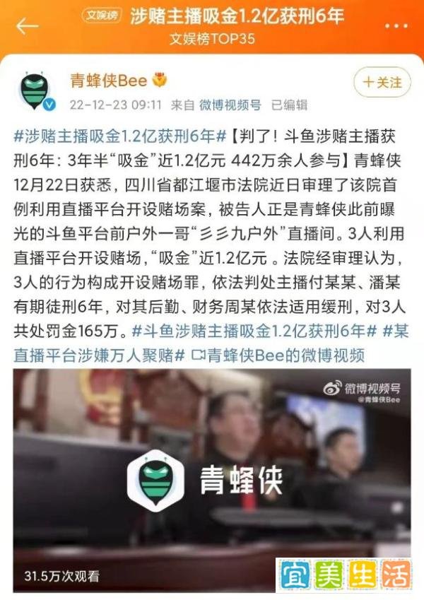 3年半吸金近1.2亿元,前斗鱼“彡彡九户外”判了,因涉赌获刑6年