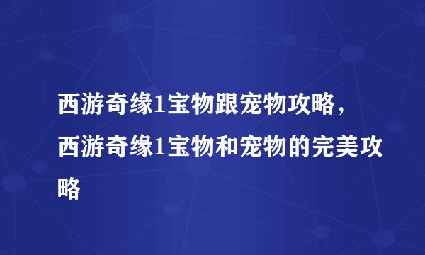 西游奇缘1宝物跟宠物攻略，西游奇缘1宝物和宠物的完美攻略