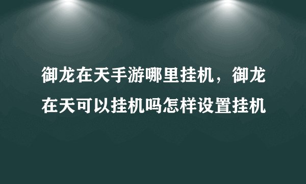 御龙在天手游哪里挂机，御龙在天可以挂机吗怎样设置挂机