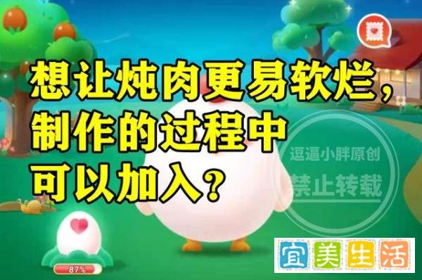 蚂蚁庄园炖肉更易软烂答案 炖肉更易软烂制作过程中可加入什么？